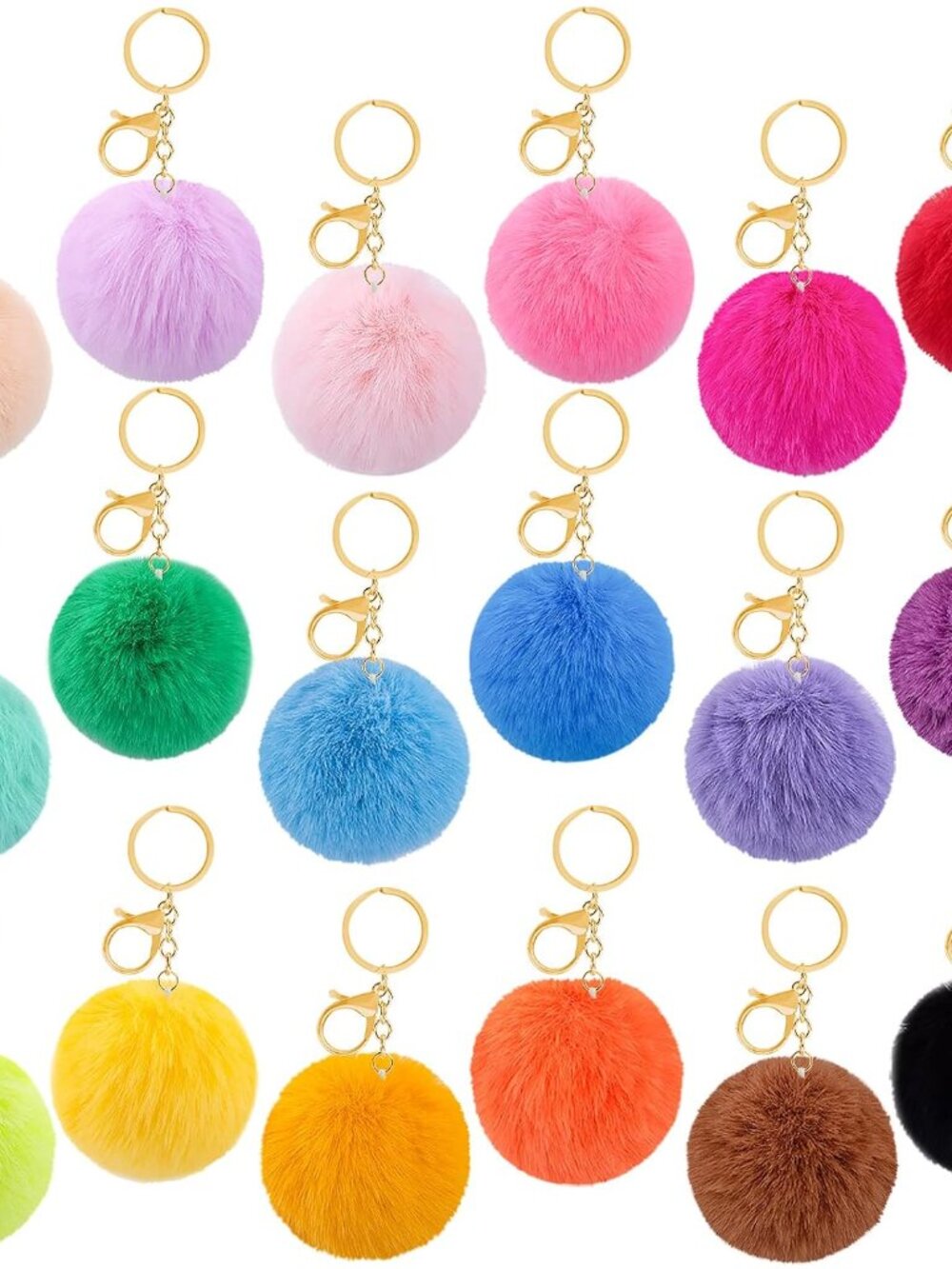 18 Pieces Pom Pom Keychains Rabbit Faux Fur Balls with Golden Hooks
